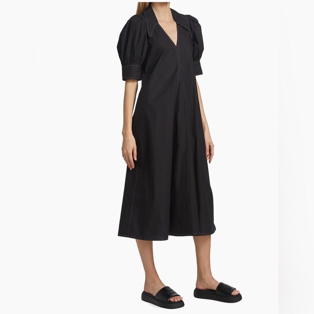 Ganni Cotton Poplin V-Neck Midi Dress, Size Medium - Picture 4 of 7